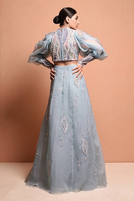Shop Vivek Patel Blue Silk Organza High Neck Embellished Lehenga Set at Aza Fashions Shop_Vivek Patel_Blue Silk Organza High Neck Embellished Lehenga Set_at_Aza_Fashions