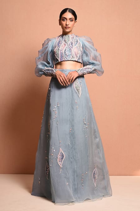 Vivek Patel Blue Silk Organza High Neck Embellished Lehenga Set Online at Aza Fashions Vivek Patel_Blue Silk Organza High Neck Embellished Lehenga Set_Online_at_Aza_Fashions