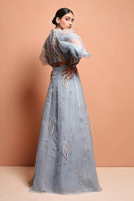 Shop Vivek Patel Blue Silk Organza High Neck Embellished Lehenga Set Online at Aza Fashions Shop_Vivek Patel_Blue Silk Organza High Neck Embellished Lehenga Set_Online_at_Aza_Fashions