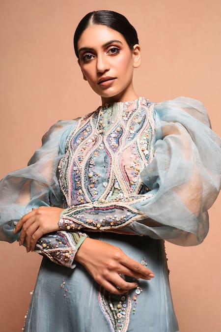 Vivek Patel Blue Silk Organza High Neck Embellished Lehenga Set at Aza Fashions Vivek Patel_Blue Silk Organza High Neck Embellished Lehenga Set_at_Aza_Fashions