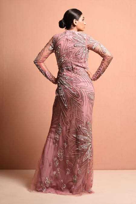 Shop Vivek Patel Pink Tulle, Silk Organza Round Embellished Gown at Aza Fashions Shop_Vivek Patel_Pink Tulle, Silk Organza Round Embellished Gown_at_Aza_Fashions