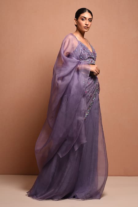 Vivek Patel Purple Silk Organza V Neck Embellished Lehenga Set Online at Aza Fashions Vivek Patel_Purple Silk Organza V Neck Embellished Lehenga Set _Online_at_Aza_Fashions