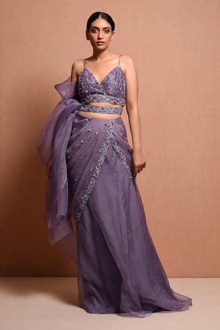 Buy Vivek Patel Purple Silk Organza V Neck Embellished Lehenga Set Online at Aza Fashions Buy_Vivek Patel_Purple Silk Organza V Neck Embellished Lehenga Set _Online_at_Aza_Fashions