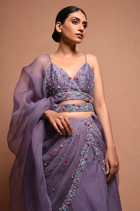 Shop Vivek Patel Purple Silk Organza V Neck Embellished Lehenga Set Online at Aza Fashions Shop_Vivek Patel_Purple Silk Organza V Neck Embellished Lehenga Set _Online_at_Aza_Fashions