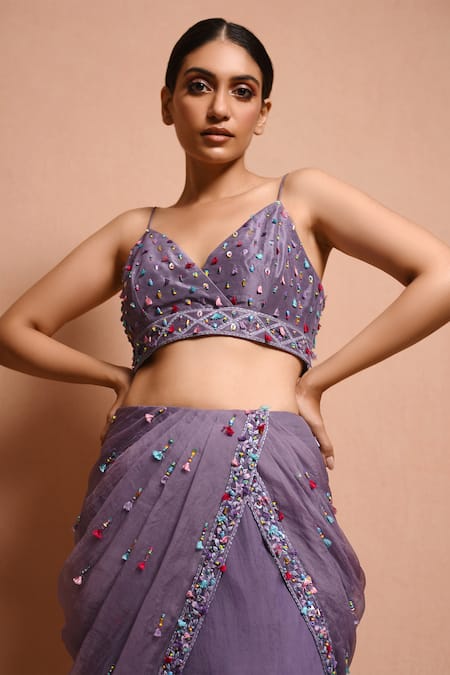 Vivek Patel Purple Silk Organza V Neck Embellished Lehenga Set at Aza Fashions Vivek Patel_Purple Silk Organza V Neck Embellished Lehenga Set _at_Aza_Fashions