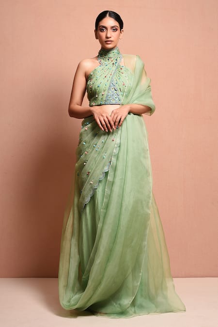 Buy Vivek Patel Green Silk Organza High Neck Embellished Lehenga Set Online at Aza Fashions Buy_Vivek Patel_Green Silk Organza High Neck Embellished Lehenga Set _Online_at_Aza_Fashions