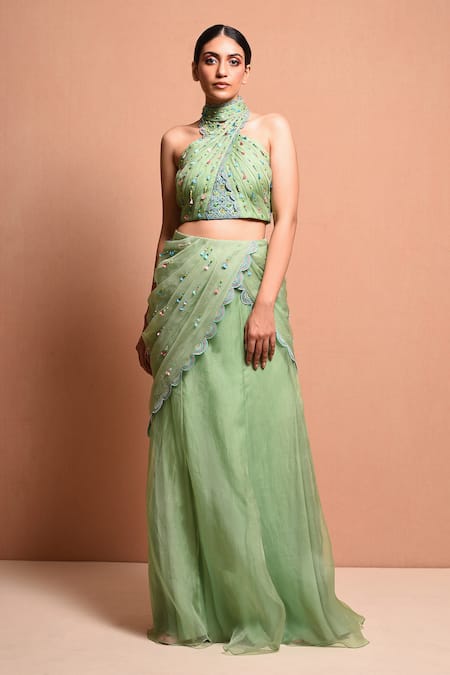 Shop Vivek Patel Green Silk Organza High Neck Embellished Lehenga Set Online at Aza Fashions Shop_Vivek Patel_Green Silk Organza High Neck Embellished Lehenga Set _Online_at_Aza_Fashions
