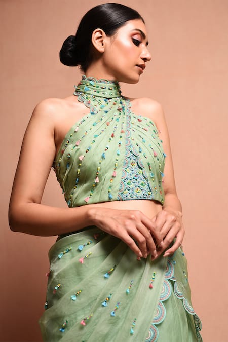 Vivek Patel Green Silk Organza High Neck Embellished Lehenga Set at Aza Fashions Vivek Patel_Green Silk Organza High Neck Embellished Lehenga Set _at_Aza_Fashions