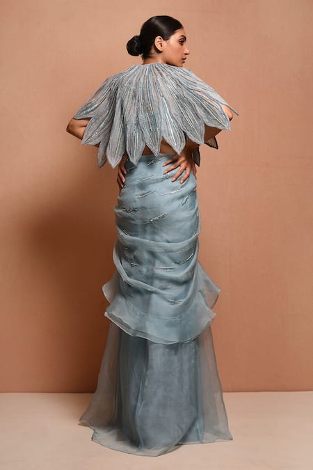 Shop Vivek Patel Blue Silk Organza Round Cape Lehenga Set at Aza Fashions Shop_Vivek Patel_Blue Silk Organza Round Cape Lehenga Set _at_Aza_Fashions