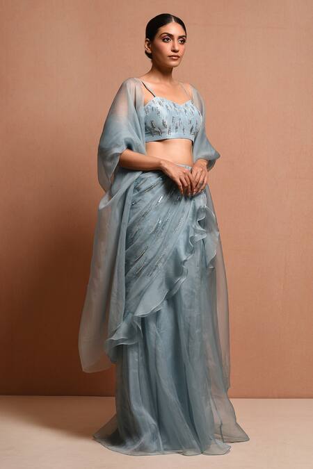 Vivek Patel Blue Silk Organza Round Cape Lehenga Set Online at Aza Fashions Vivek Patel_Blue Silk Organza Round Cape Lehenga Set _Online_at_Aza_Fashions