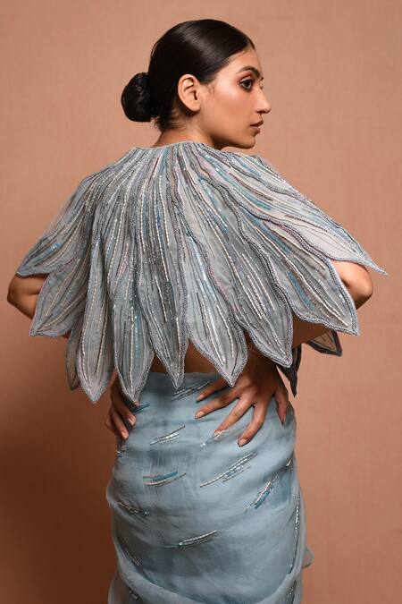 Vivek Patel Blue Silk Organza Round Cape Lehenga Set at Aza Fashions Vivek Patel_Blue Silk Organza Round Cape Lehenga Set _at_Aza_Fashions