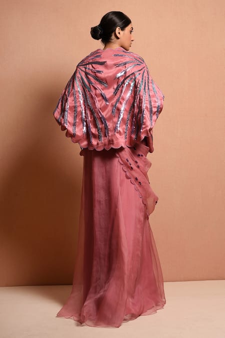 Shop_Vivek Patel_Pink Organza, Dupion Scoop Neck Embellished Saree Gown With Jacket _at_Aza_Fashions