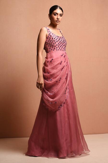 Vivek Patel_Pink Organza, Dupion Scoop Neck Embellished Saree Gown With Jacket _Online_at_Aza_Fashions
