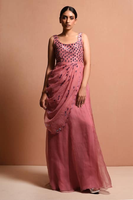 Buy_Vivek Patel_Pink Organza, Dupion Scoop Neck Embellished Saree Gown With Jacket _Online_at_Aza_Fashions