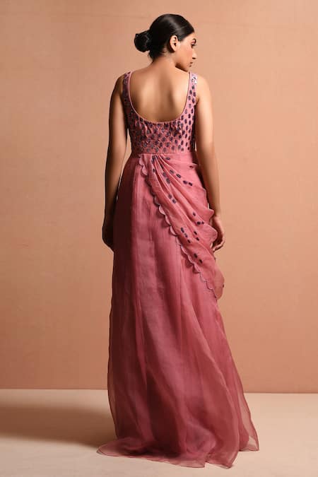 Shop_Vivek Patel_Pink Organza, Dupion Scoop Neck Embellished Saree Gown With Jacket _Online_at_Aza_Fashions