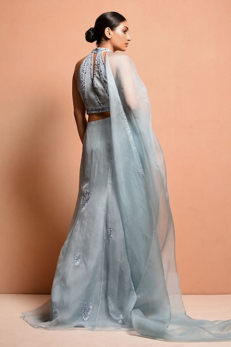 Shop Vivek Patel Blue Organza, Dupion Halter Embellished Lehenga Set at Aza Fashions Shop_Vivek Patel_Blue Organza, Dupion Halter Embellished Lehenga Set _at_Aza_Fashions