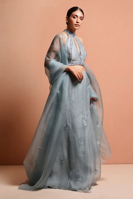 Vivek Patel Blue Organza, Dupion Halter Embellished Lehenga Set Online at Aza Fashions Vivek Patel_Blue Organza, Dupion Halter Embellished Lehenga Set _Online_at_Aza_Fashions