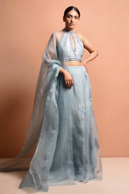 Buy Vivek Patel Blue Organza, Dupion Halter Embellished Lehenga Set Online at Aza Fashions Buy_Vivek Patel_Blue Organza, Dupion Halter Embellished Lehenga Set _Online_at_Aza_Fashions
