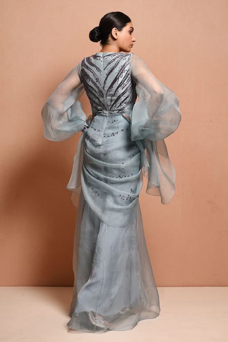 Shop Vivek Patel Blue Organza, Dupion V Neck Embellished Saree Gown at Aza Fashions Shop_Vivek Patel_Blue Organza, Dupion V Neck Embellished Saree Gown_at_Aza_Fashions