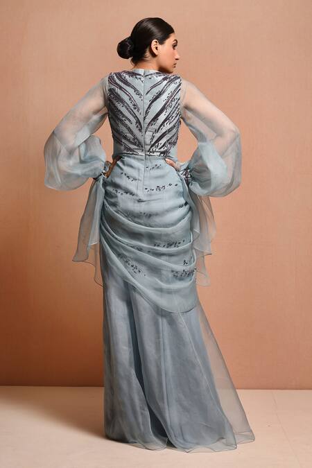 Vivek Patel Blue Organza, Dupion V Neck Embellished Saree Gown Online at Aza Fashions Vivek Patel_Blue Organza, Dupion V Neck Embellished Saree Gown_Online_at_Aza_Fashions