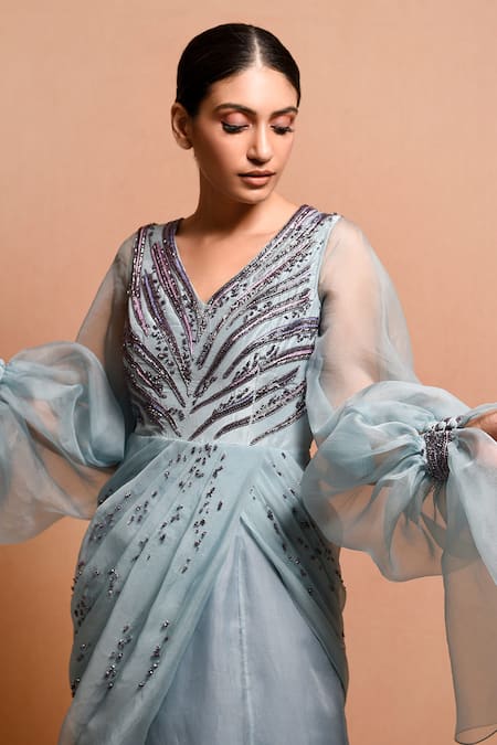 Shop Vivek Patel Blue Organza, Dupion V Neck Embellished Saree Gown Online at Aza Fashions Shop_Vivek Patel_Blue Organza, Dupion V Neck Embellished Saree Gown_Online_at_Aza_Fashions