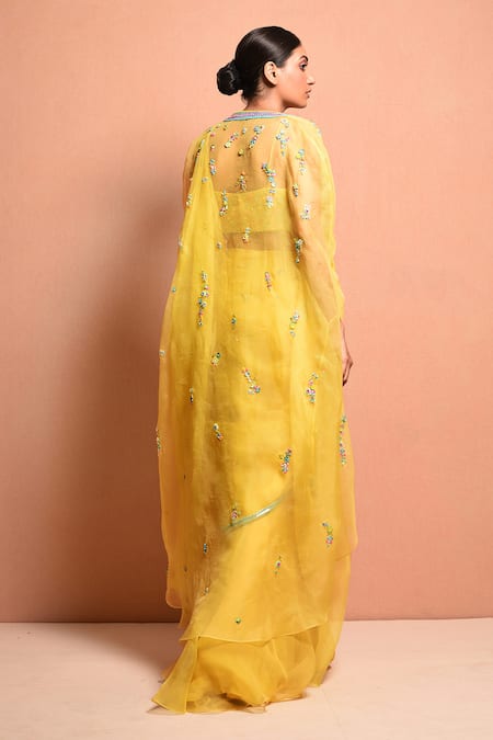 Shop Vivek Patel Yellow Silk Organza V Neck Pre-draped Saree Set at Aza Fashions Shop_Vivek Patel_Yellow Silk Organza V Neck Pre-draped Saree Set_at_Aza_Fashions