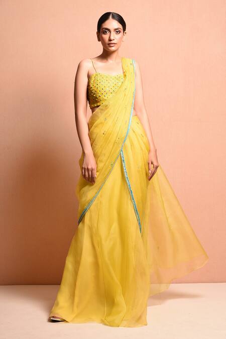 Buy Vivek Patel Yellow Silk Organza V Neck Pre-draped Saree Set Online at Aza Fashions Buy_Vivek Patel_Yellow Silk Organza V Neck Pre-draped Saree Set_Online_at_Aza_Fashions