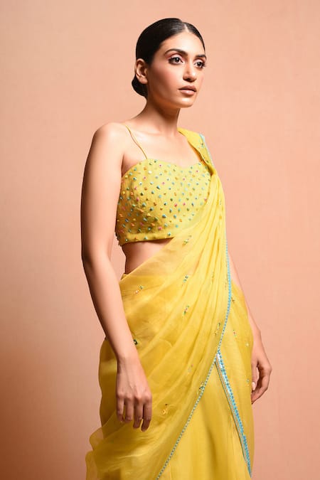 Shop Vivek Patel Yellow Silk Organza V Neck Pre-draped Saree Set Online at Aza Fashions Shop_Vivek Patel_Yellow Silk Organza V Neck Pre-draped Saree Set_Online_at_Aza_Fashions