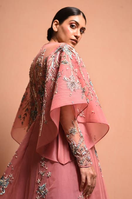 Shop Vivek Patel Pink Tulle, Silk Organza Round Embellished Gown Online at Aza Fashions Shop_Vivek Patel_Pink Tulle, Silk Organza Round Embellished Gown_Online_at_Aza_Fashions