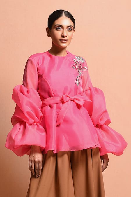 Shop Vivek Patel Pink Organza Polyester Round Balloon Sleeve Top Online at Aza Fashions Shop_Vivek Patel_Pink Organza Polyester Round Balloon Sleeve Top _Online_at_Aza_Fashions