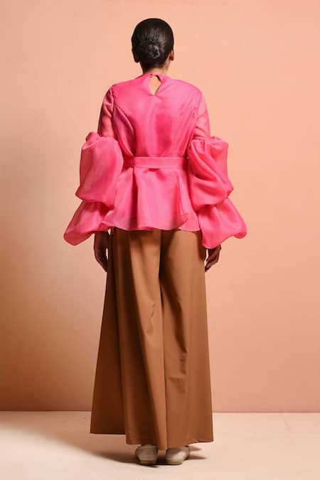 Shop Vivek Patel Pink Organza Polyester Round Balloon Sleeve Top at Aza Fashions Shop_Vivek Patel_Pink Organza Polyester Round Balloon Sleeve Top _at_Aza_Fashions