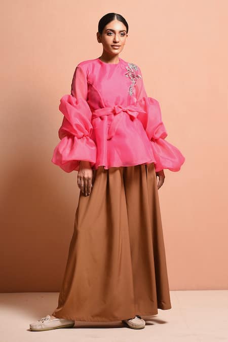 Vivek Patel Pink Organza Polyester Round Balloon Sleeve Top Online at Aza Fashions Vivek Patel_Pink Organza Polyester Round Balloon Sleeve Top _Online_at_Aza_Fashions