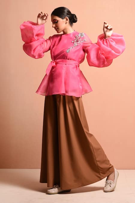 Buy Vivek Patel Pink Organza Polyester Round Balloon Sleeve Top Online at Aza Fashions Buy_Vivek Patel_Pink Organza Polyester Round Balloon Sleeve Top _Online_at_Aza_Fashions