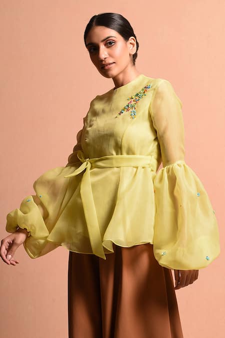 Shop Vivek Patel Yellow Organza Polyester Round Balloon Sleeve Top Online at Aza Fashions Shop_Vivek Patel_Yellow Organza Polyester Round Balloon Sleeve Top_Online_at_Aza_Fashions