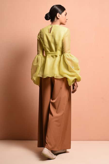 Shop Vivek Patel Yellow Organza Polyester Round Balloon Sleeve Top at Aza Fashions Shop_Vivek Patel_Yellow Organza Polyester Round Balloon Sleeve Top_at_Aza_Fashions