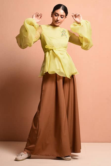 Vivek Patel Yellow Organza Polyester Round Balloon Sleeve Top Online at Aza Fashions Vivek Patel_Yellow Organza Polyester Round Balloon Sleeve Top_Online_at_Aza_Fashions
