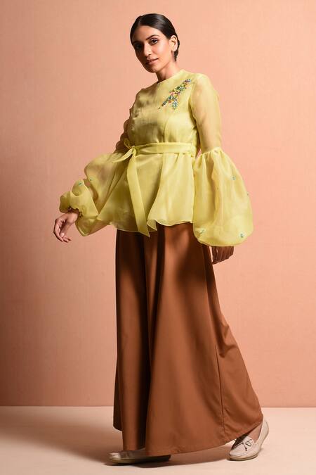 Buy Vivek Patel Yellow Organza Polyester Round Balloon Sleeve Top Online at Aza Fashions Buy_Vivek Patel_Yellow Organza Polyester Round Balloon Sleeve Top_Online_at_Aza_Fashions