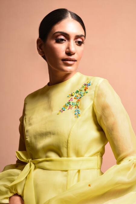 Vivek Patel Yellow Organza Polyester Round Balloon Sleeve Top at Aza Fashions Vivek Patel_Yellow Organza Polyester Round Balloon Sleeve Top_at_Aza_Fashions