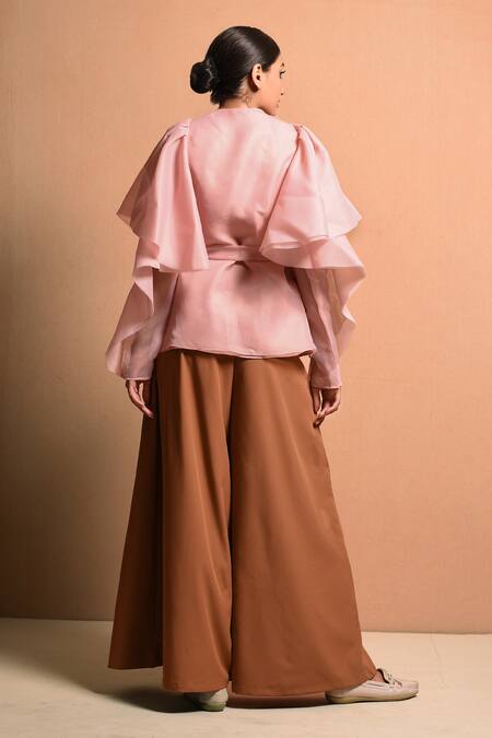 Shop Vivek Patel Pink Organza Polyester Round Ruffle Sleeve Top at Aza Fashions Shop_Vivek Patel_Pink Organza Polyester Round Ruffle Sleeve Top_at_Aza_Fashions