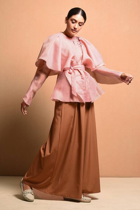 Vivek Patel Pink Organza Polyester Round Ruffle Sleeve Top Online at Aza Fashions Vivek Patel_Pink Organza Polyester Round Ruffle Sleeve Top_Online_at_Aza_Fashions