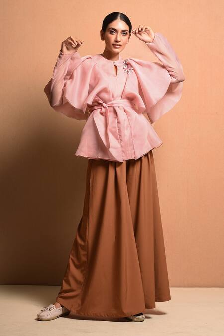 Buy Vivek Patel Pink Organza Polyester Round Ruffle Sleeve Top Online at Aza Fashions Buy_Vivek Patel_Pink Organza Polyester Round Ruffle Sleeve Top_Online_at_Aza_Fashions