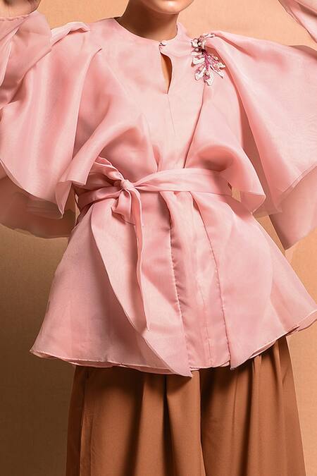 Shop Vivek Patel Pink Organza Polyester Round Ruffle Sleeve Top Online at Aza Fashions Shop_Vivek Patel_Pink Organza Polyester Round Ruffle Sleeve Top_Online_at_Aza_Fashions