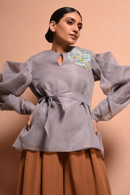 Shop Vivek Patel Grey Organza Polyester Round Pleated Sleeve Top Online at Aza Fashions Shop_Vivek Patel_Grey Organza Polyester Round Pleated Sleeve Top_Online_at_Aza_Fashions