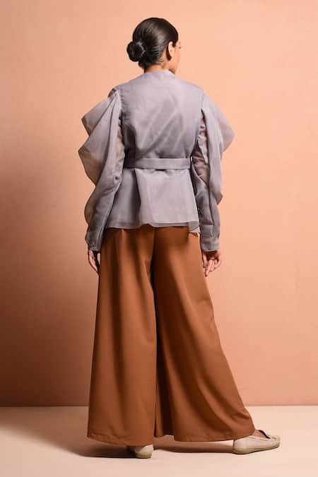 Shop Vivek Patel Grey Organza Polyester Round Pleated Sleeve Top at Aza Fashions Shop_Vivek Patel_Grey Organza Polyester Round Pleated Sleeve Top_at_Aza_Fashions