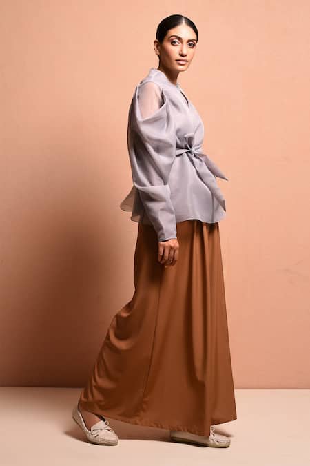 Vivek Patel Grey Organza Polyester Round Pleated Sleeve Top Online at Aza Fashions Vivek Patel_Grey Organza Polyester Round Pleated Sleeve Top_Online_at_Aza_Fashions