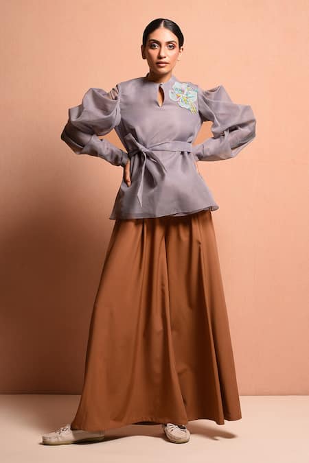 Buy Vivek Patel Grey Organza Polyester Round Pleated Sleeve Top Online at Aza Fashions Buy_Vivek Patel_Grey Organza Polyester Round Pleated Sleeve Top_Online_at_Aza_Fashions