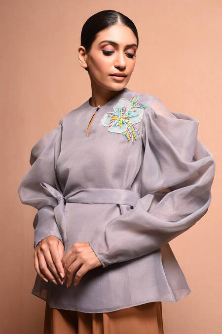 Vivek Patel Grey Organza Polyester Round Pleated Sleeve Top at Aza Fashions Vivek Patel_Grey Organza Polyester Round Pleated Sleeve Top_at_Aza_Fashions