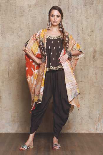 Buy Vikram Phadnis Grey Slub Linen Tulip Pant Set With Leaf Print Cape at Aza Fashions Buy_Vikram Phadnis_Grey Slub Linen Tulip Pant Set With Leaf Print Cape_at_Aza_Fashions