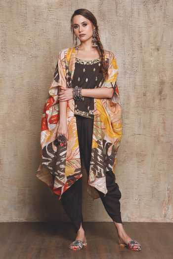 Vikram Phadnis Grey Slub Linen Tulip Pant Set With Leaf Print Cape Online at Aza Fashions Vikram Phadnis_Grey Slub Linen Tulip Pant Set With Leaf Print Cape_Online_at_Aza_Fashions