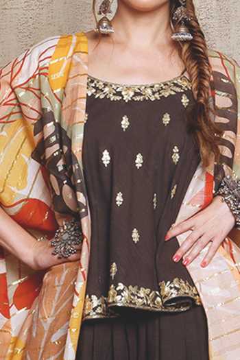 Buy Vikram Phadnis Grey Slub Linen Tulip Pant Set With Leaf Print Cape Online at Aza Fashions Buy_Vikram Phadnis_Grey Slub Linen Tulip Pant Set With Leaf Print Cape_Online_at_Aza_Fashions